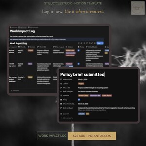 May include: A digital Notion template titled "Work Impact Log" with a dark theme. The image displays a detailed log with sections for context, actions, and results. The text "Policy brief submitted" is also visible. The template is available for instant access.