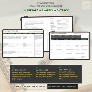 Op de afbeelding: Een complete job search bundle van Stillcycle Studio, inclusief een CV prep sheet, CV template en job application tracker. De bundel is beschikbaar in Excel, Word en Google Docs. De tekst op de afbeelding luidt "Prepare, Apply, Track".