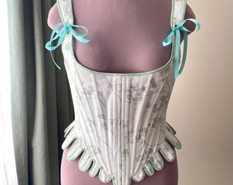 Hand-Stitched 1776 Stays Corset, Historical Rococo Bodice Top, Luxury Lace Belt UK 14