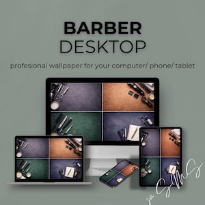 Peut inclure: Maquette de produit numérique avec un ordinateur de bureau, un ordinateur portable, une tablette et un smartphone affichant un fond d'écran sur le thème du barbier. Le fond d'écran a un fond sombre avec des outils de barbier. Le texte indique "BARBER DESKTOP" et "professional wallpaper for your computer/ phone/ tablet."