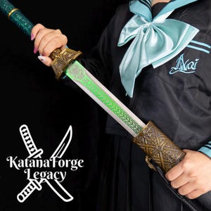 May include: A decorative sword featuring a metallic green blade with intricate geometric patterns, a gold-colored guard, and a textured green handle. The sword is partially drawn from a dark, ornate scabbard with detailed gold-colored engravings.