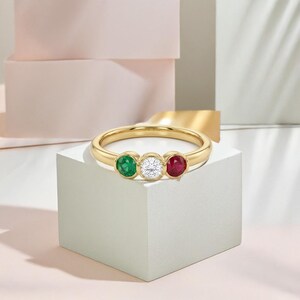 925 Sterling Silver Three Stone Ring | Emerald Ruby & White CZ Ring | Minimalist Birthstone Promise Ring for Women