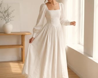 White Linen Midi Dress, Square Neck Puff Sleeve Dress, Corset Waist Summer Dress, Wedding Guest Dress