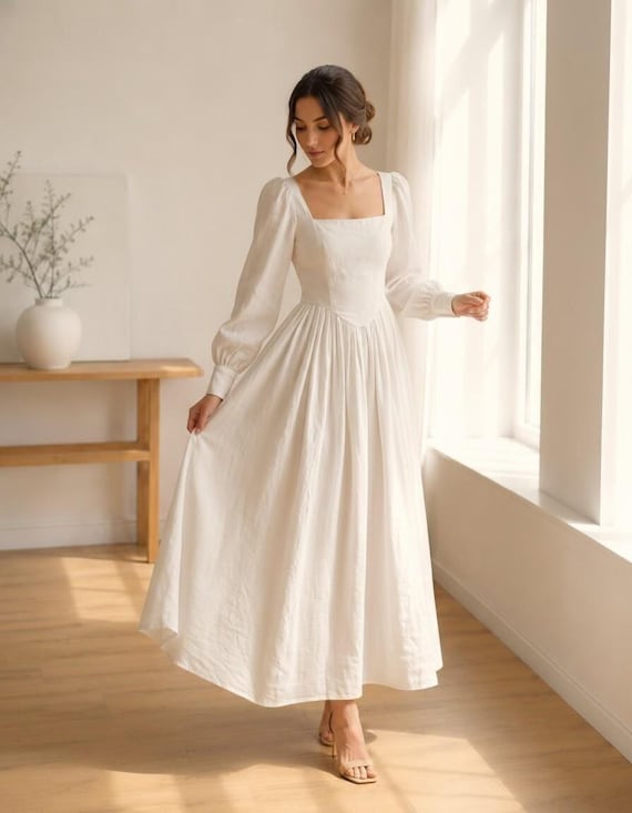 White Linen Midi Dress, Square Neck Puff Sleeve Dress, Corset Waist Summer Dress, Wedding Guest Dress