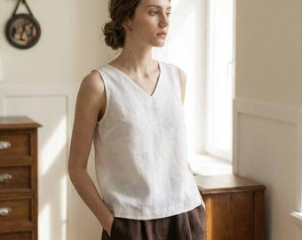 Linen V Neck Tank Top, Minimal Sleeveless Linen Blouse, Loose Fit Summer Top, Breathable Everyday Linen Shirt
