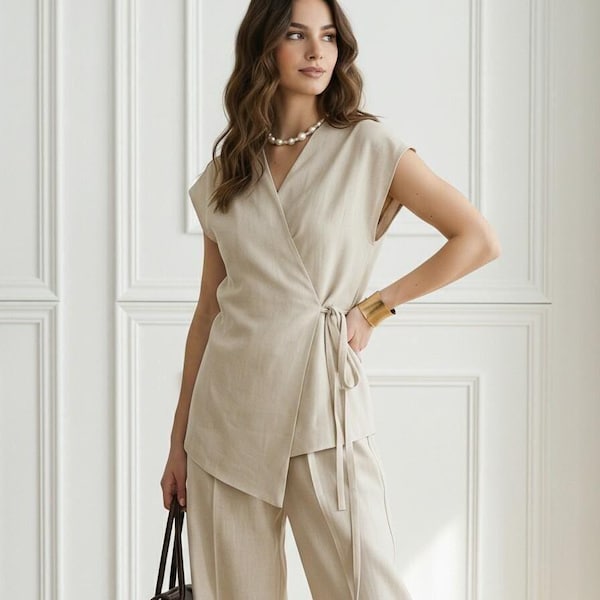 Blusa cruzada de lino, blusa minimalista de lino, blusa de lino sin mangas, blusa elegante de lino para verano