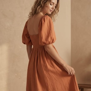Linen Puff Sleeve Dress, Midi Empire Dress with Smocked Back, Romantic Cottagecore Dress, Brunch Vacation Look