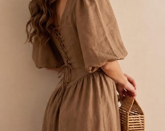 Brown Linen Corset Dress, Lace Up Back Puff Sleeve Midi Dress, Cottagecore Prairie Dress, Sweetheart Neck Renaissance Fair Dress