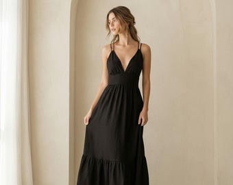 Vestido largo de lino, escote en V profundo, espalda descubierta con tirantes, vestido de verano sin mangas, vestido camisero con bajo escalonado