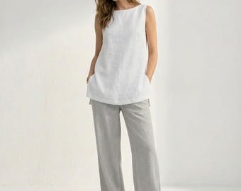 Canotta in lino bianco, camicetta minimalista senza maniche in lino, top estivo in lino, camicia in lino Capsule Wardrobe
