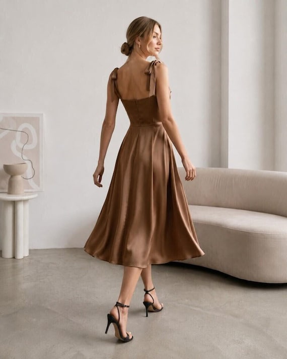 Elegant Midi Dress with Bow Tie Straps, Square Neck A Line Dress for Wedding Guest