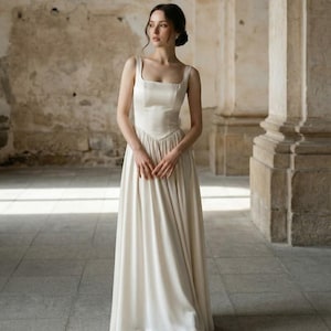 Silk Satin Bridal Gown, Square Neck Sleeveless Wedding Dress, Minimal Modern Bride