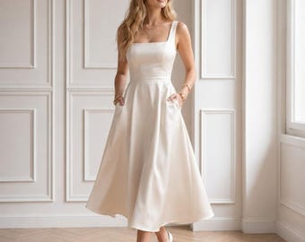 Vestido midi de seda color marfil, vestido de corte A con escote cuadrado y bolsillos, elegante vestido para invitadas de boda y despedidas de soltera.