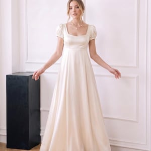 Ivory Regency Silk Maxi Dress, Square Neck Silk Dress, Puff Sleeve Long Dress, Elegant Wedding Guest Dress, Bridesmaid Dress for Women