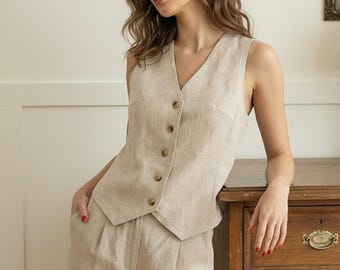Linen Vest Top for Women, Beige Button Front Waistcoat, Sleeveless Linen Blouse, Tailored Summer Top, Minimalist Linen Vest