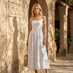 White Linen Midi Dress, Spaghetti Strap Linen Dress, Empire Waist Linen Dress, Minimalist Summer Dress