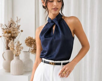 Zijden haltertop, satijnen blouse met strik bij de hals, elegante mouwloze zijden top voor dames, blouse voor bruiloftsgasten