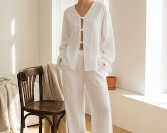 Linen Two Piece Pajama Set, Long Sleeve Bow Tie Top and Ruffle Wide Leg Pants for Gift