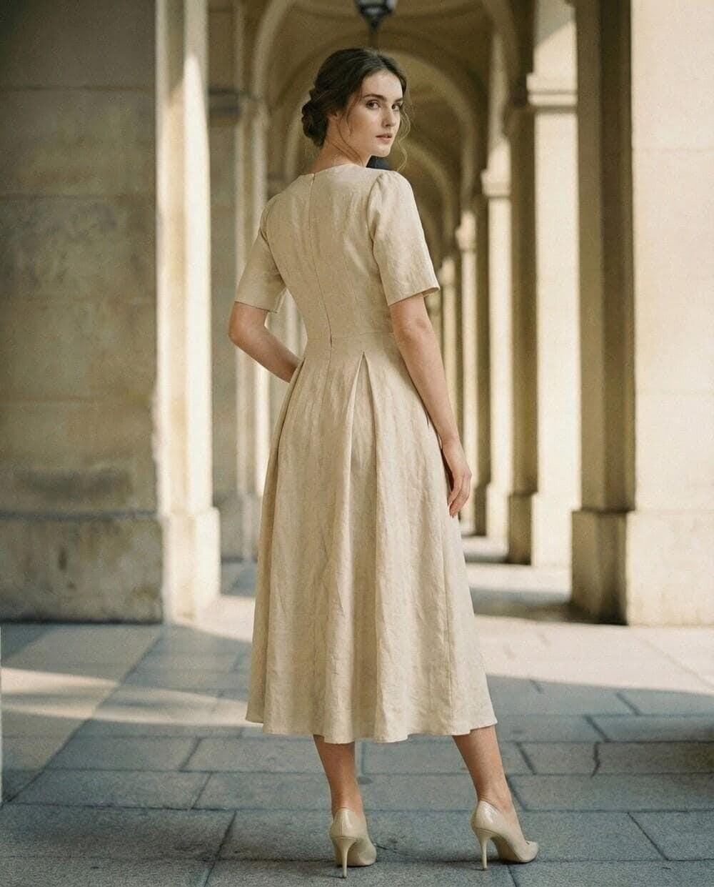 Linen Midi Dress, V Neck Button Front Dress, Short Sleeve A Line Dress ...