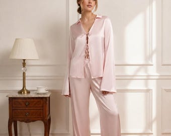 Satin Pajama Set, Tie Front Long Sleeve Top and Wide Leg Pants Loungewear Set for Bridal Morning