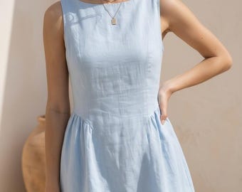 Linen Mini Dress, Sleeveless Summer Dress, Back View Dress, Vacation Outfit, Garden Party Dress
