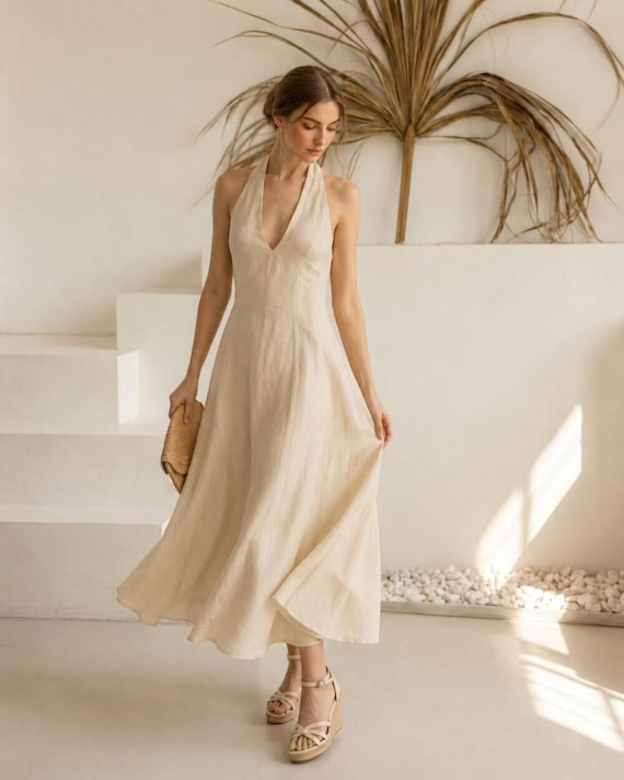 halter v neck summer dress Natural Linen Midi Dress, Dress, Vacation Outfit, Resort Wear, Beach Dinner YGroup_14712127029613