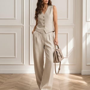 Natural Linen Two Piece Set, Linen Vest and Wide Leg Pants, Minimal Tailored Linen Outfit, Elegant Matching Set