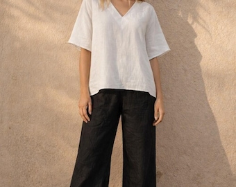 Linen V Neck Top, Minimalist Linen Blouse, Loose Linen Summer Top, Oversized Linen Shirt