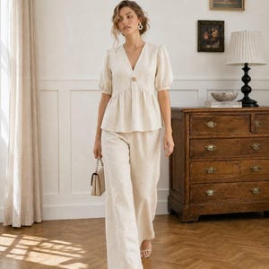 Natural Linen Set, Puff Sleeve Top and Wide Leg Pants Set, Cream Peplum Blouse, Relaxed Summer Outfit, Natural Linen Co Ord