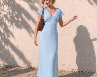 Natural Linen Maxi Dress, V Neck Ruched Bust Dress, Ivory Summer Dress, Minimal Resort Dress, Casual Vacation Dress