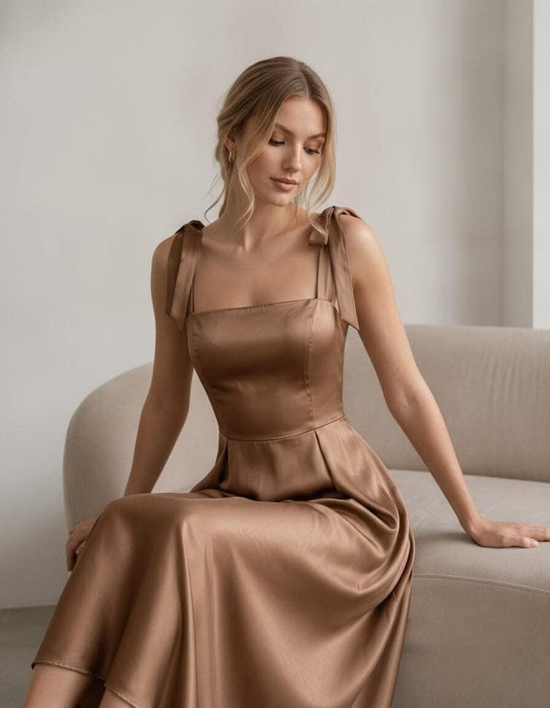 Elegante vestido midi con tirantes de lazo, escote cuadrado y corte en A, ideal para invitadas de boda. imagen 5