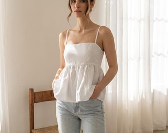 White Linen Camisole Top, Square Neck Spaghetti Strap Peplum Blouse, Casual Summer Top for Vacation Brunch