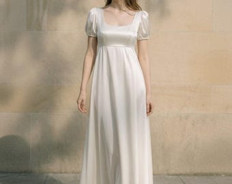 Regency sidenklänning, vintage lång balklänning, empire midja brudklänning formell outfit