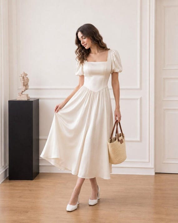 ivory satin corset midi dress Dress, Square Neck Puff Sleeve Back for Wedding Guest, Bridal Shower, Engagement and Formal Party Sienna