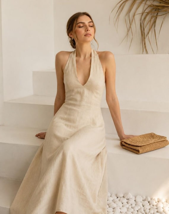 Natural Linen Halter Midi Dress, V Neck Summer Dress, Vacation Outfit, Resort Wear, Beach Dinner