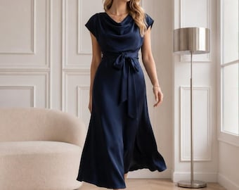 Abito da invitata a un matrimonio in seta, abito midi con scollo a cascata e cintura, elegante abito per addio al nubilato e ricevimento.