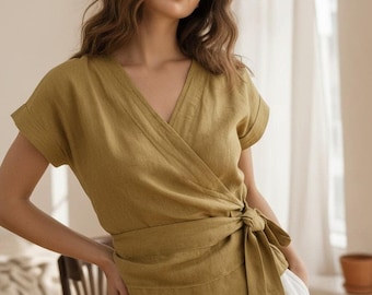 Linnen overslagtop, linnen blouse met strikband, overslagshirt met korte mouwen, minimalistische zomerlinnen top, linnen kleding