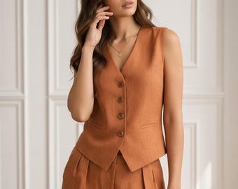 Completo gilet e pantaloni in lino, minimal sartoriale, pantaloni in lino a gamba larga, elegante outfit neutro