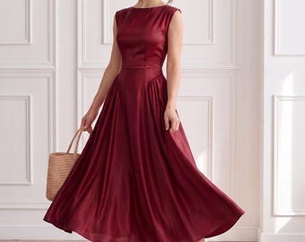 Sukienka bez rękawów z dekoltem w łódkę, jedwabna sukienka midi, elegancki strój dla gościa weselnego, zwiewna sukienka wieczorowa, romantyczna sukienka na przyjęcie koktajlowe