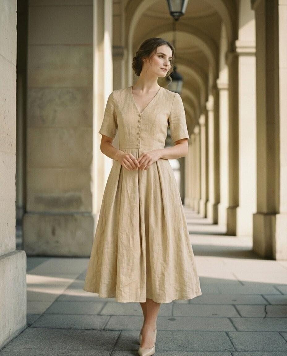 Linen Midi Dress, V Neck Button Front Dress, Short Sleeve A Line Dress ...