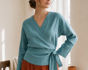 Linen Wrap Blouse, Long Sleeve Crossover V Neck Tie Waist Top, Elegant Everyday and Workwear Top