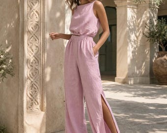 Natural Linen Crop Top and Wide Leg Pants Set, Minimal Two Piece Outfit, Side Slit Linen Trousers, Resort Co Ord