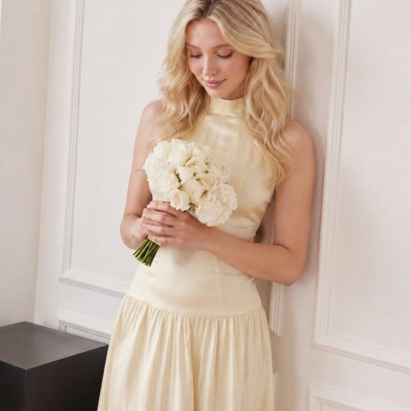 Ivory Silk Maxi Dress, High Neck Drop Waist Dress, Elegant Wedding Guest Dress, Bridal Reception Gown