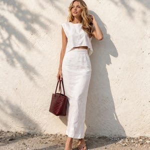White Linen Two Piece Set, Crop Top and Maxi Skirt Set, Minimal Summer Linen Outfit, Elegant Matching Set