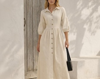 Natural Linen Midi Dress, Button Front Shirt Dress, Puff Sleeve Linen Dress, Feminine Summer Dress, Cottagecore Resort Outfit