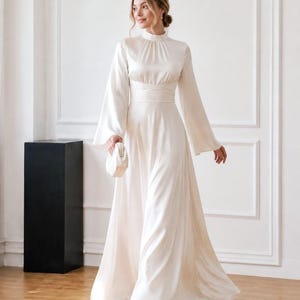 high neck formal wedding guest dress Silk high neck long sleeve dress formal