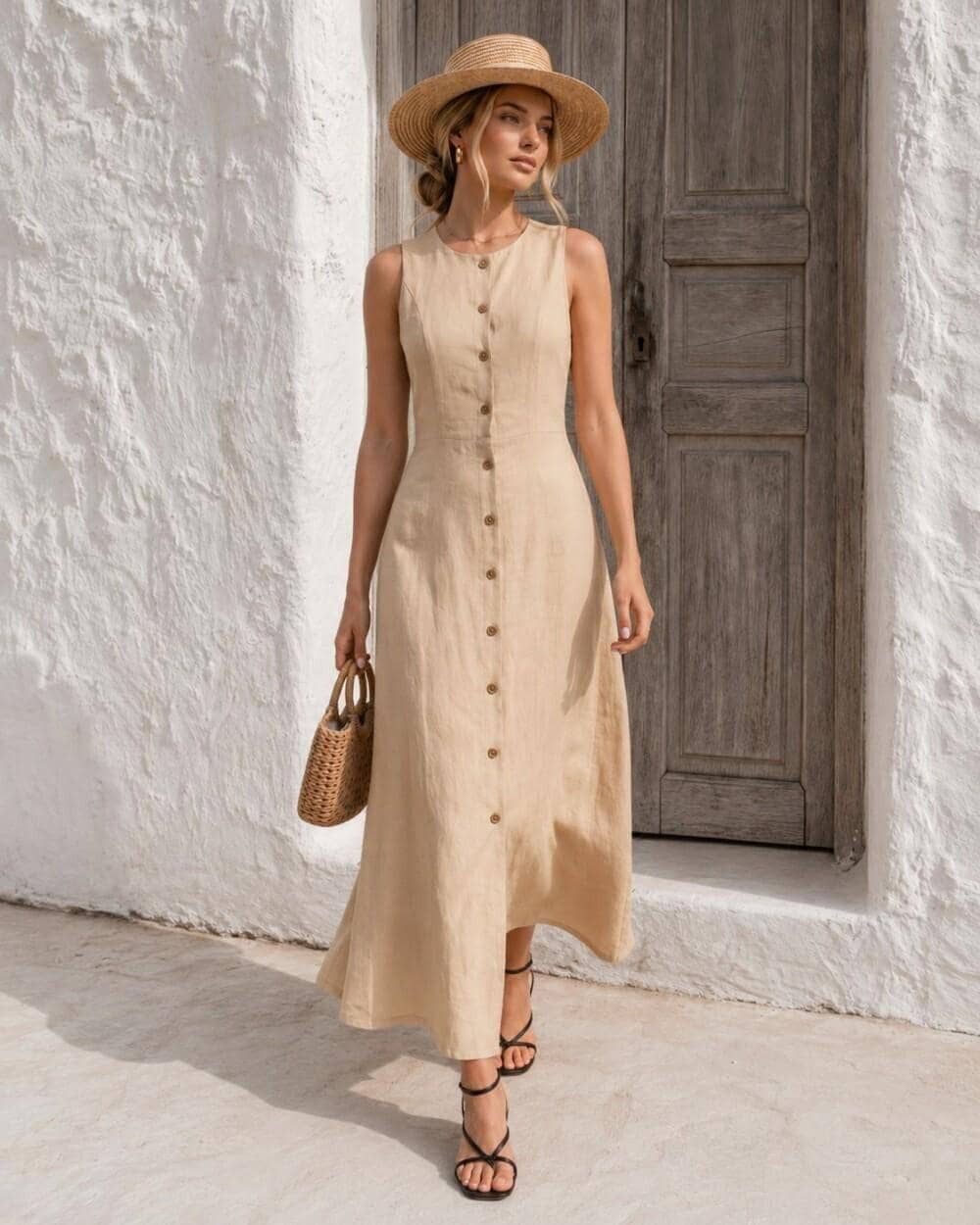 Beige Button Dress