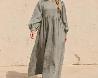 Linen Midi Dress, Long Balloon Sleeve Modest Dress, Loose Fit Cottagecore Prairie Dress, Empire Waist Fall Dress