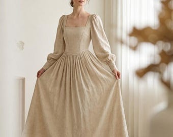 Romantic Linen Regency Dress, Puff Sleeve Prairie Maxi Dress, Square Neck Cottagecore Linen Long Dress