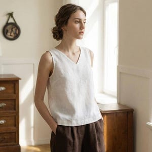 Linen V Neck Tank Top, Minimal Sleeveless Linen Blouse, Loose Fit Summer Top, Breathable Everyday Linen Shirt